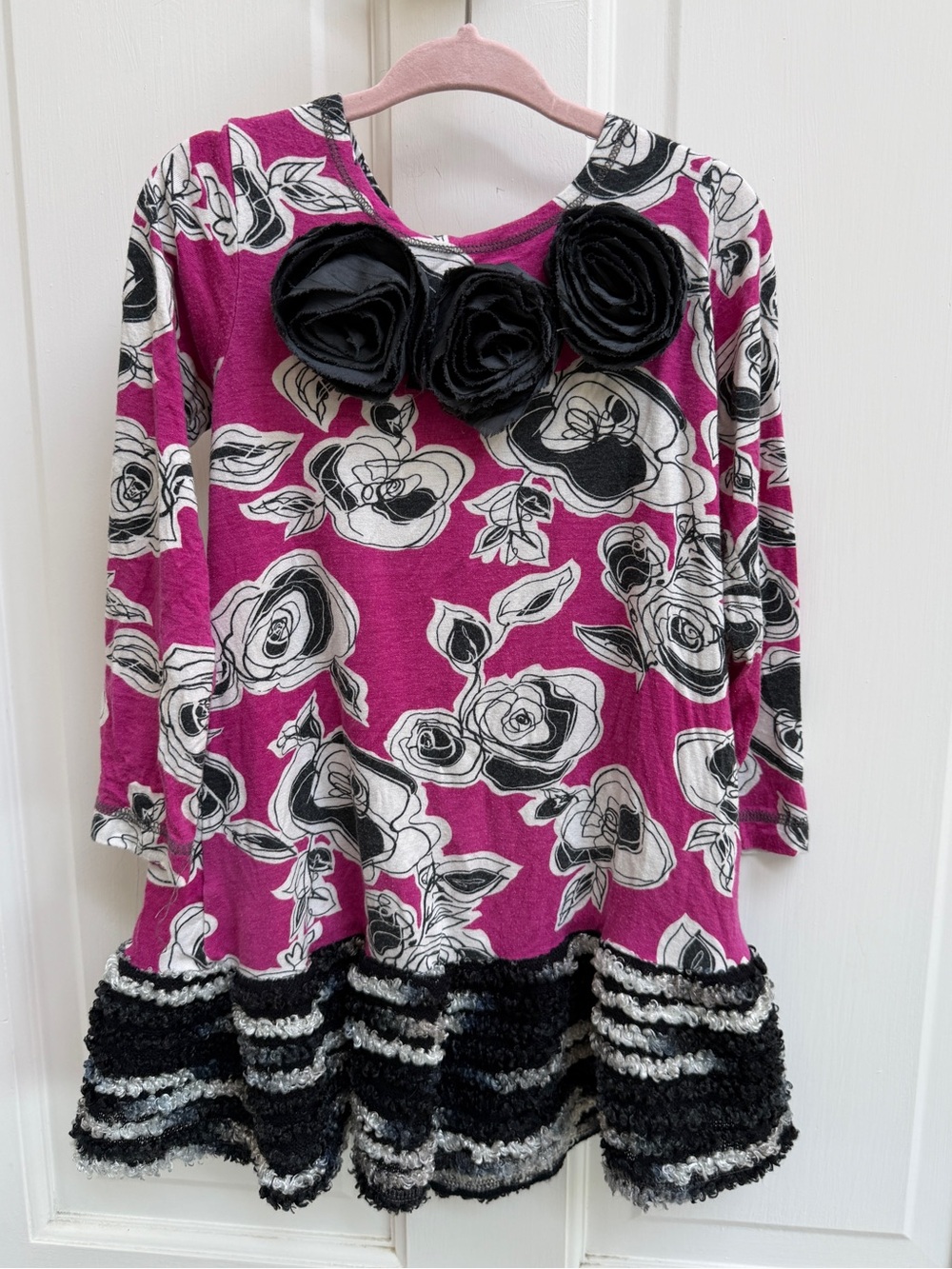 MisTeev-Us Girls' 4 5 Pink Floral Long-Sleeve Dress with Black Rosette Accents